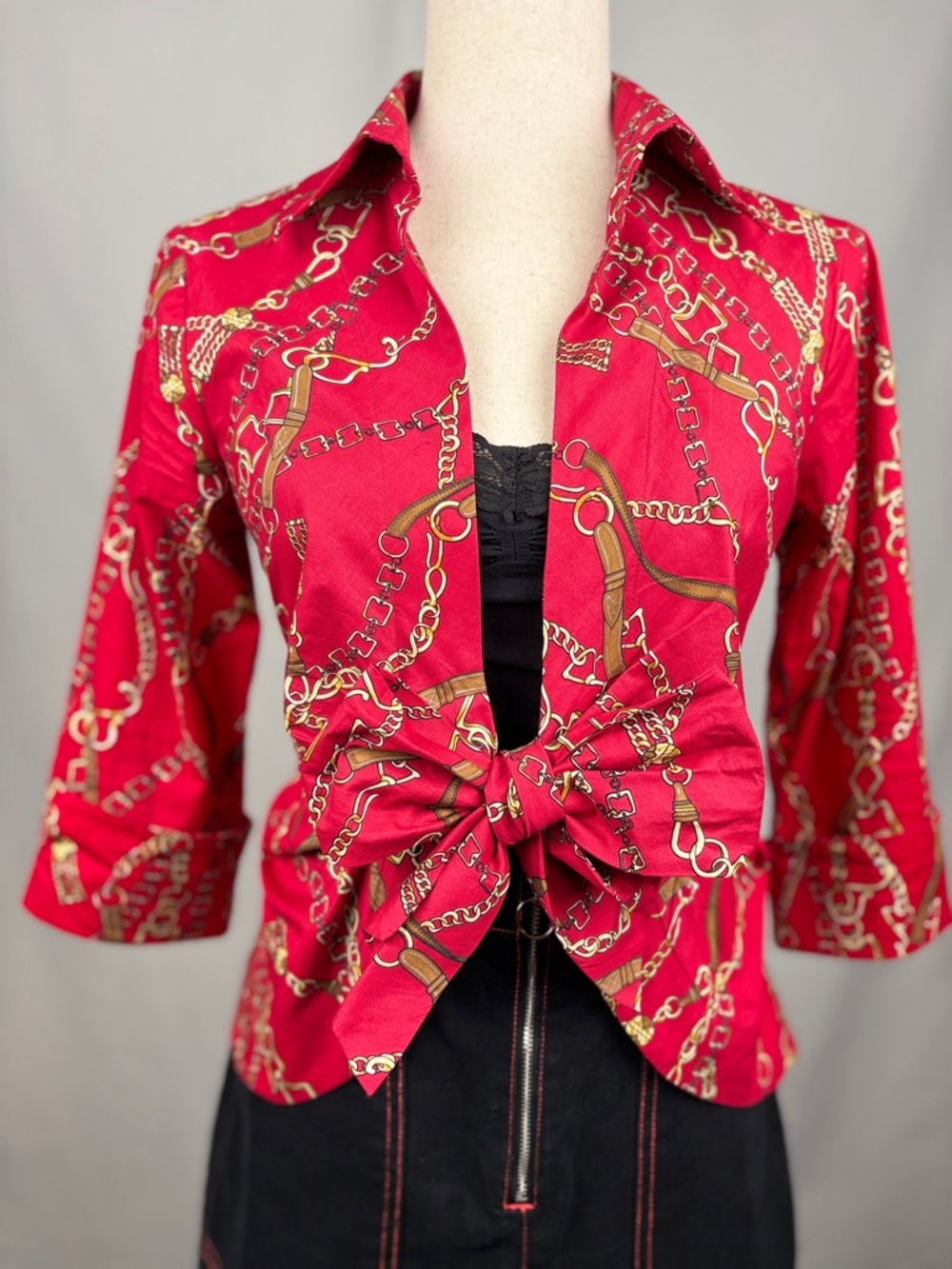 Mischa Red Chain Print Tie Front Blouse Gold Baroque Style Top PS